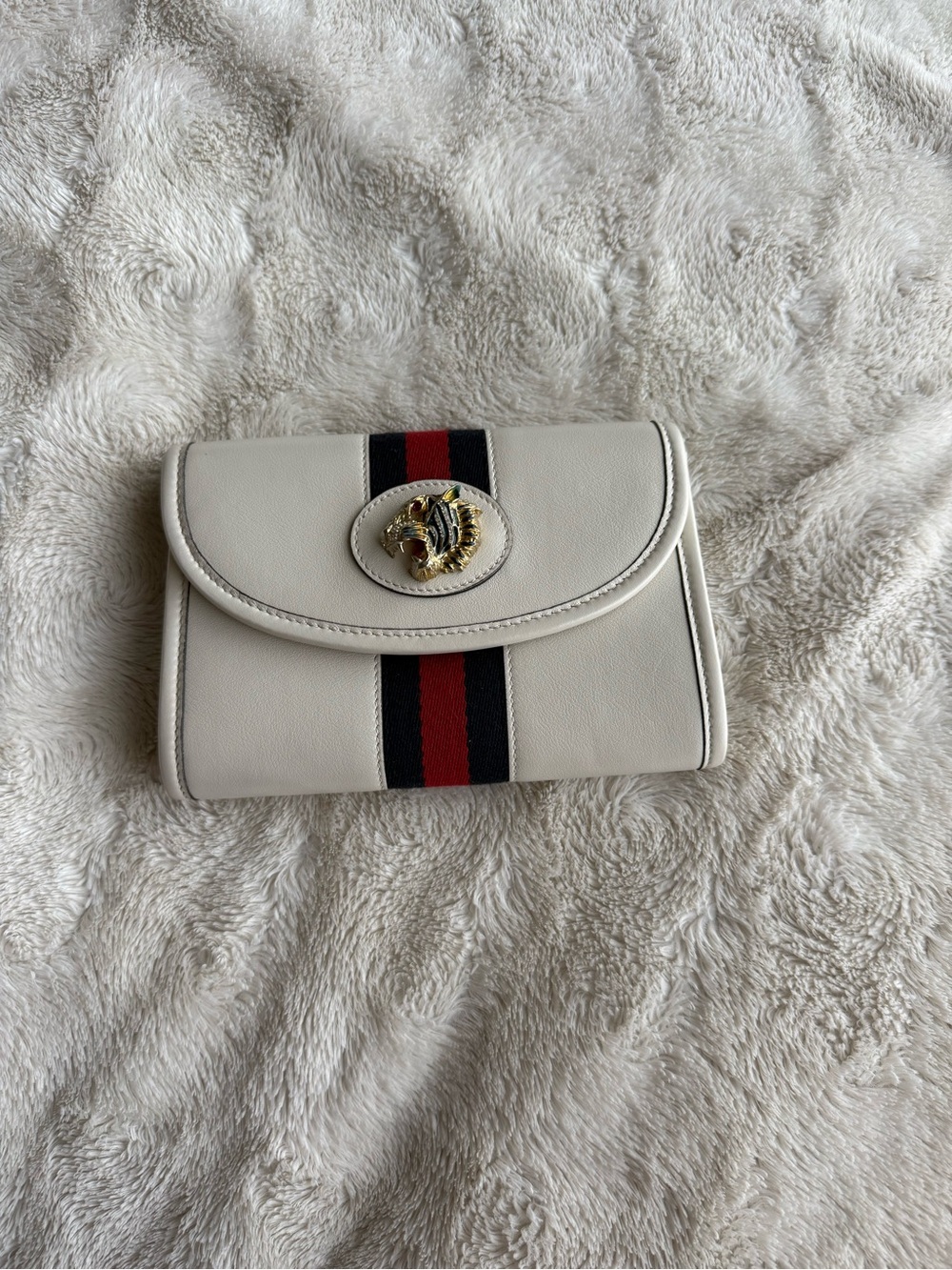 Gucci Cream Leather Clutch with Red and Navy Stripe and Gold Tiger Detail